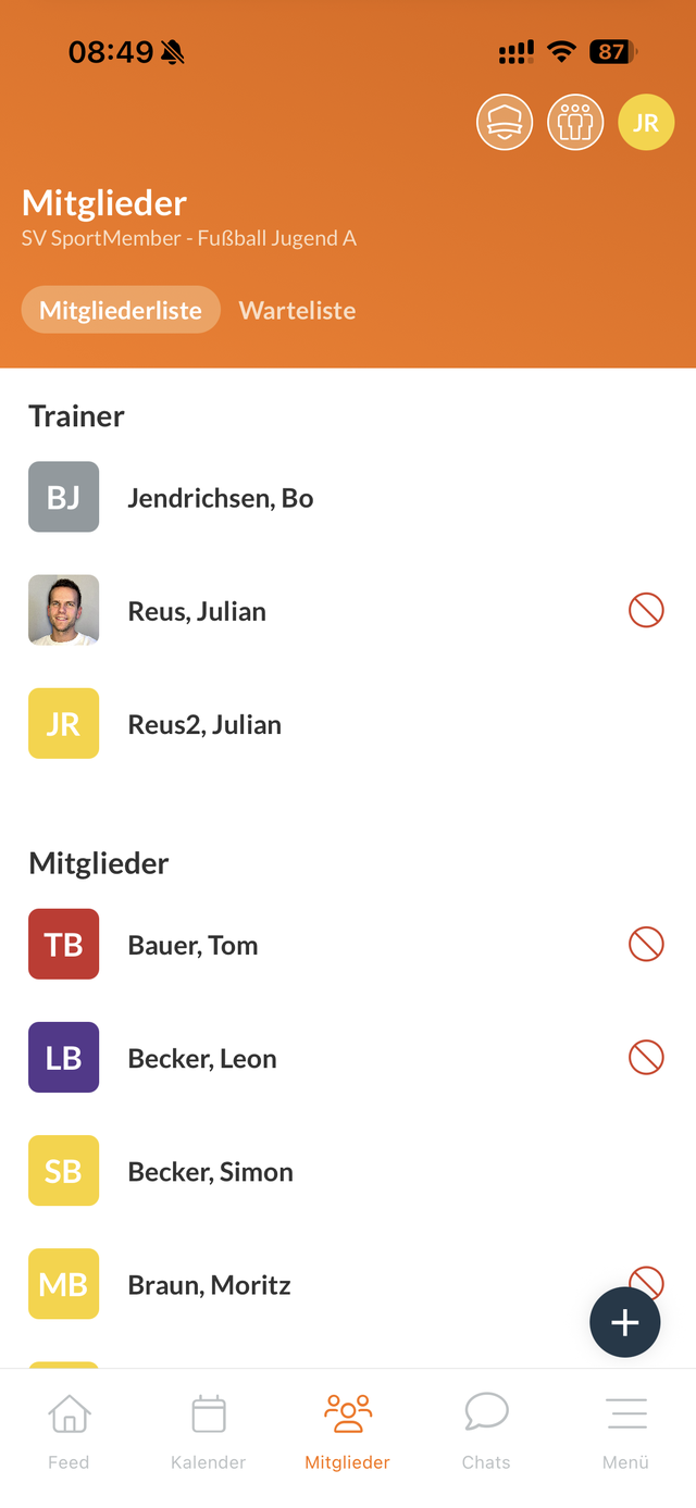 Mitgliederliste mit Trainern und Spielern in der SportMember App